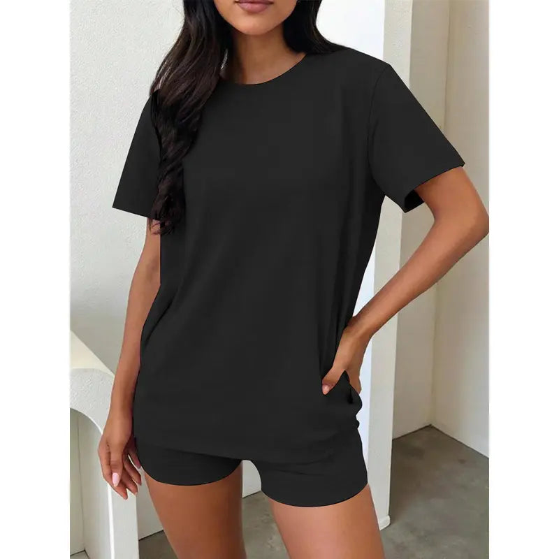 Women's Two Piece Shorts Lounge Set, Crew Neck Short Sleeve Relaxed T-Shirt & High Waisted Fitted Shorts, Casual Matching Summer Outfit, Travel Vacation Everyday Wear Bottom Loose 2 piece sets