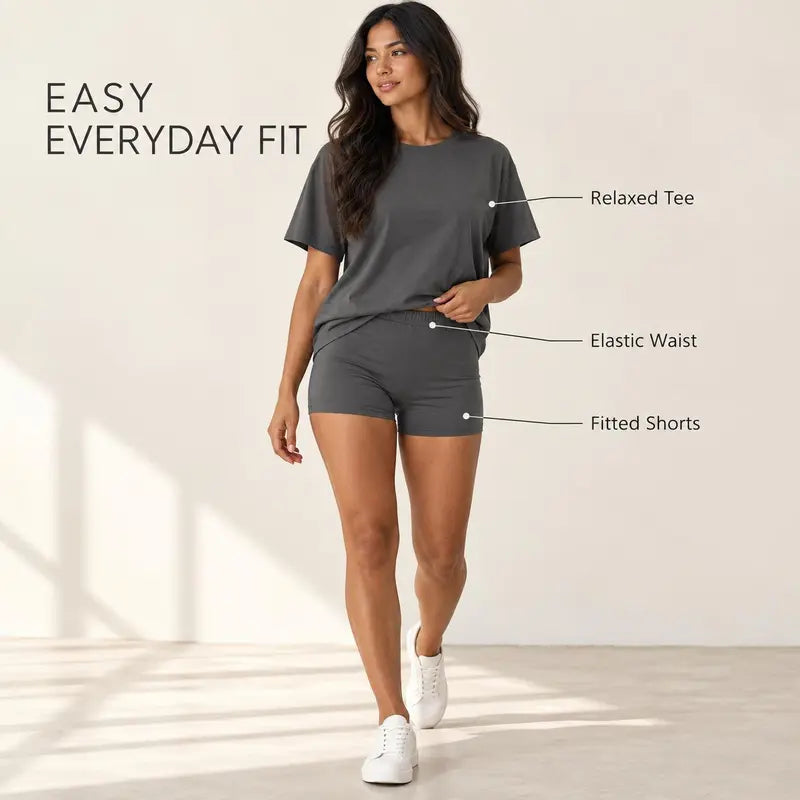 Women's Two Piece Shorts Lounge Set, Crew Neck Short Sleeve Relaxed T-Shirt & High Waisted Fitted Shorts, Casual Matching Summer Outfit, Travel Vacation Everyday Wear Bottom Loose 2 piece sets
