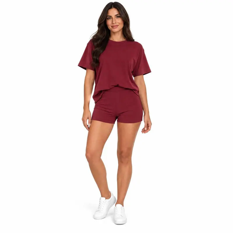Women's Two Piece Shorts Lounge Set, Crew Neck Short Sleeve Relaxed T-Shirt & High Waisted Fitted Shorts, Casual Matching Summer Outfit, Travel Vacation Everyday Wear Bottom Loose 2 piece sets