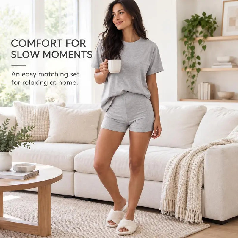 Women's Two Piece Shorts Lounge Set, Crew Neck Short Sleeve Relaxed T-Shirt & High Waisted Fitted Shorts, Casual Matching Summer Outfit, Travel Vacation Everyday Wear Bottom Loose 2 piece sets