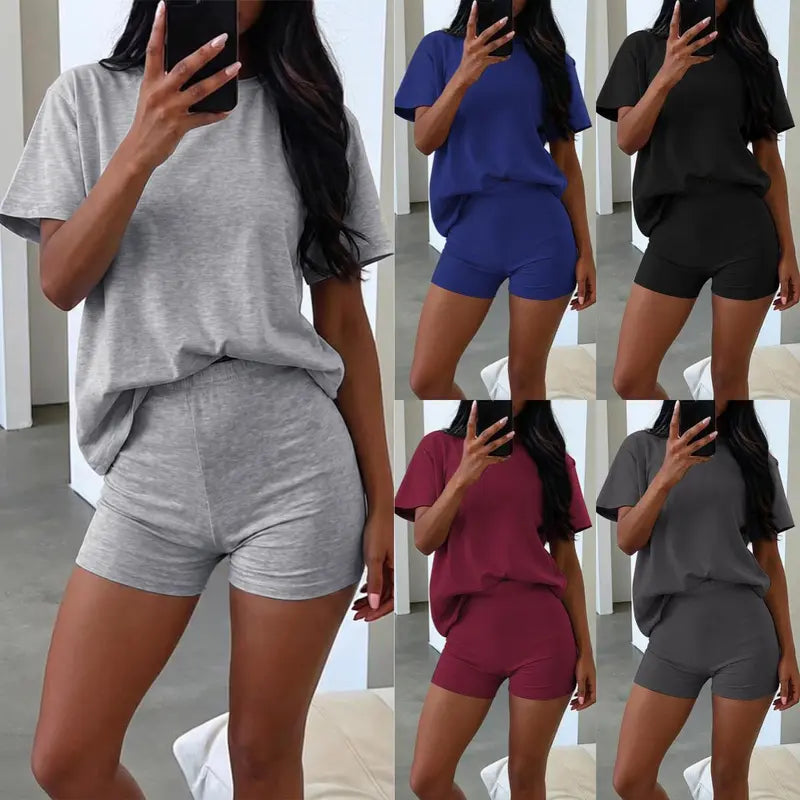Women's Two Piece Shorts Lounge Set, Crew Neck Short Sleeve Relaxed T-Shirt & High Waisted Fitted Shorts, Casual Matching Summer Outfit, Travel Vacation Everyday Wear Bottom Loose 2 piece sets