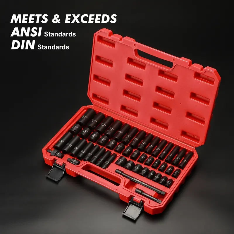 49-Piece 3/8" Drive 6-Point Impact Socket Set, Chrome Vanadium Steel, Ratchet Wrench, Extension Bars, Adapter & Universal Joint, Laser-Etched Sizes, Automotive Tool Kit