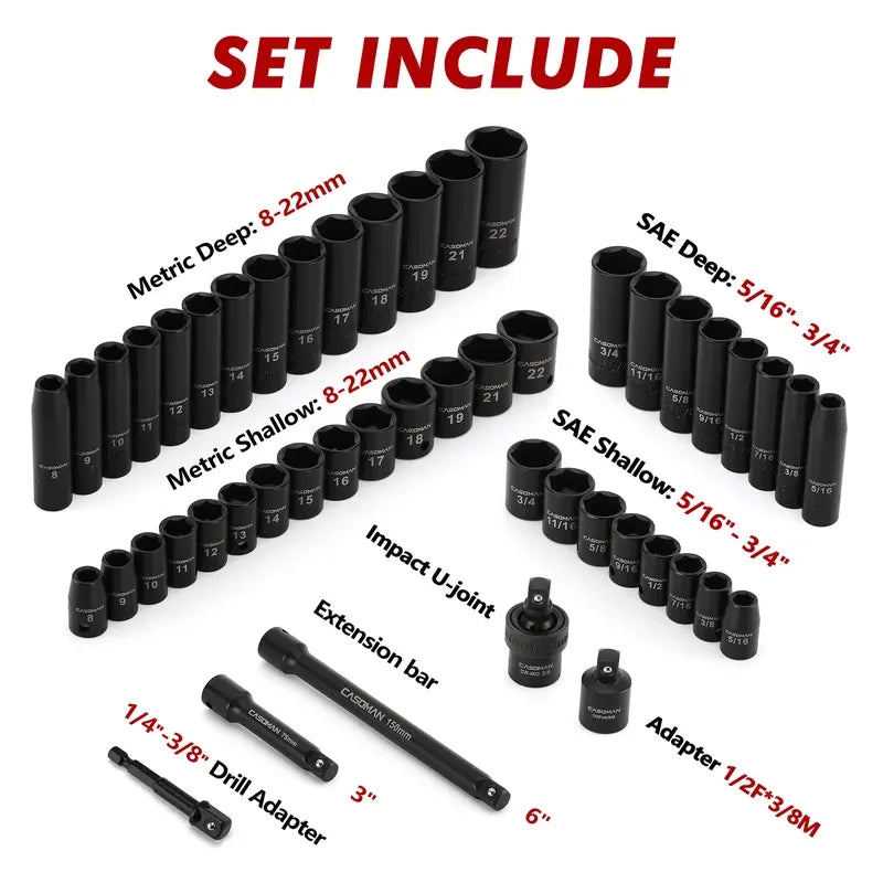 49-Piece 3/8" Drive 6-Point Impact Socket Set, Chrome Vanadium Steel, Ratchet Wrench, Extension Bars, Adapter & Universal Joint, Laser-Etched Sizes, Automotive Tool Kit