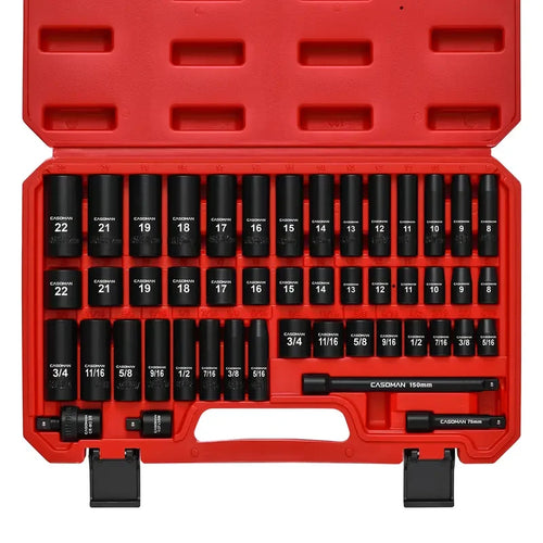 49-Piece 3/8" Drive 6-Point Impact Socket Set, Chrome Vanadium Steel, Ratchet Wrench, Extension Bars, Adapter & Universal Joint, Laser-Etched Sizes, Automotive Tool Kit