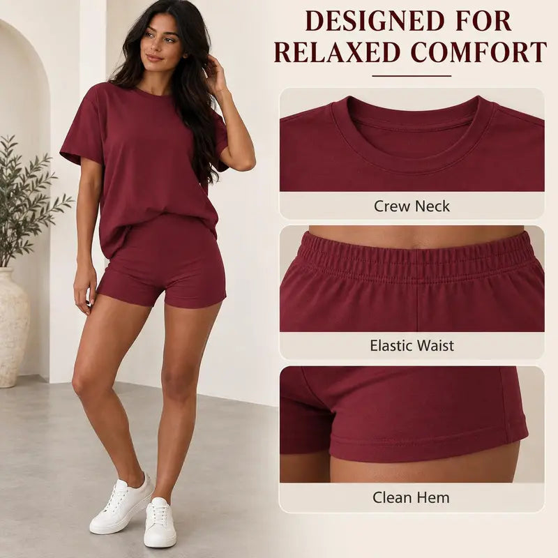 Women's Two Piece Shorts Lounge Set, Crew Neck Short Sleeve Relaxed T-Shirt & High Waisted Fitted Shorts, Casual Matching Summer Outfit, Travel Vacation Everyday Wear Bottom Loose 2 piece sets